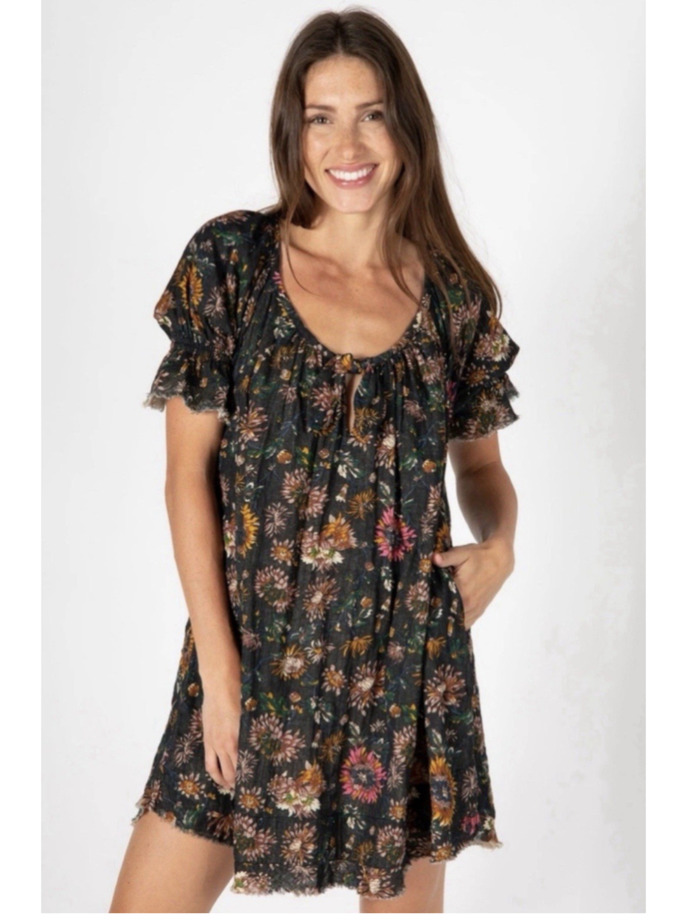 Natural Life Sienna Mini Dress Fall Floral Print 100% Cotton Boho Sz M Pockets